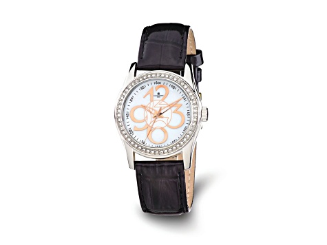Charles Hubert Ladies Crystal Bezel Black Leather Watch