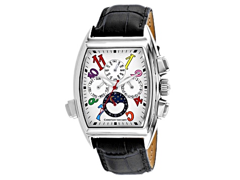 Christian Van Sant Men's Grandeur White Dial with Multi-color Accents, Black Leather Strap Watch
