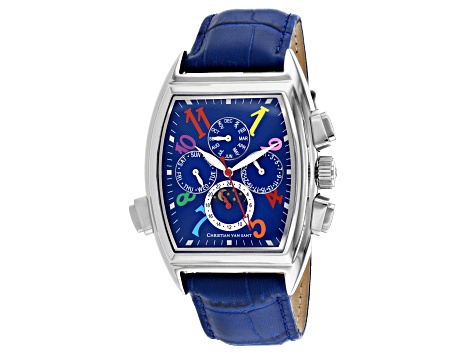 Christian Van Sant Men's Grandeur Blue Dial with Multi-color Accents, Blue Leather Strap Watch