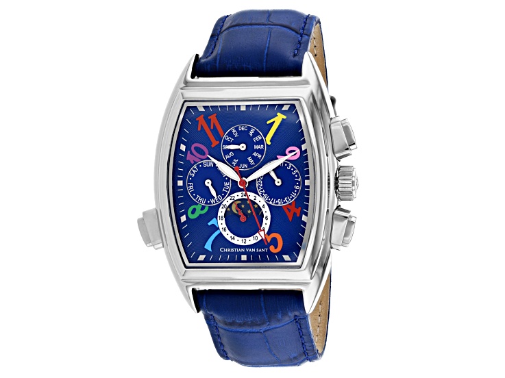 Christian Van Sant Men's Grandeur Blue Dial with Multi-color Accents, Blue Leather Strap Watch