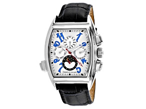 Christian Van Sant Men's Grandeur White Dial with Blue Accents, Black Leather Strap Watch