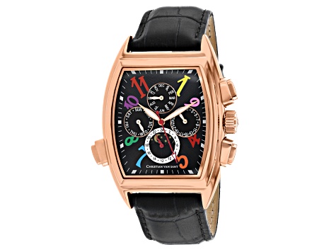 Christian Van Sant Men's Grandeur Black Dial, Multi-color Accents, Rose Bezel, Black Leather Watch