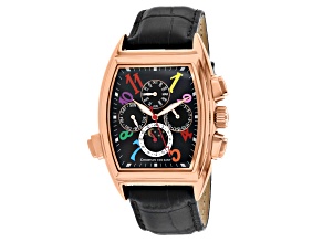 Christian Van Sant Men's Grandeur Black Dial, Multi-color Accents, Rose Bezel, Black Leather Watch