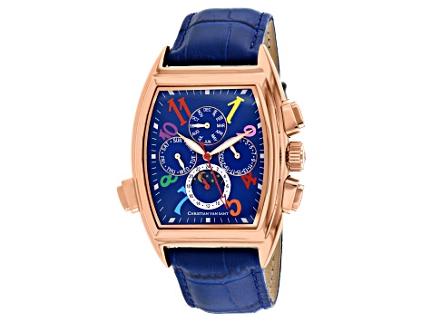 Christian Van Sant Men's Grandeur Blue Dial, Multi-color Accents, Rose Bezel Blue Leather Watch