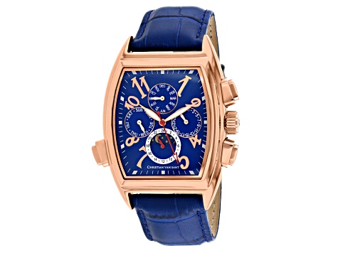 Christian Van Sant Men's Grandeur Blue Dial, Rose Accents and Bezel, Blue Leather Strap Watch