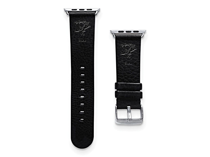 Gametime NHL Pittsburgh Penguins Black Leather Apple Watch Band (42/44mm M/L). Watch not included.