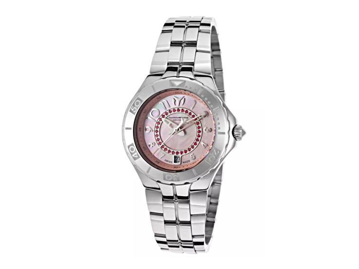 TechnoMarine Stainless Steel Pink Mother of Pearl Crystal Accent Women's Watch