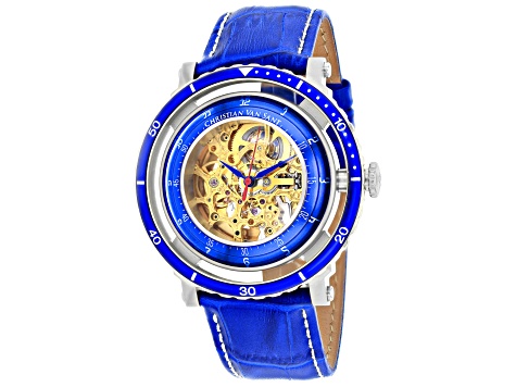 Christian Van Sant Men's Dome Yellow Skeleton Dial, Blue Leather Strap Watch