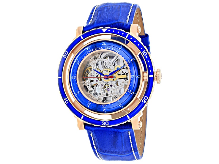時計 vatie Christian Van Sant Men's Dome White Skeleton Dial, Blue Bezel
