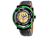 Christian Van Sant Men's Dome Yellow Skeleton Dial, Green Bezel, Black Leather Strap Watch