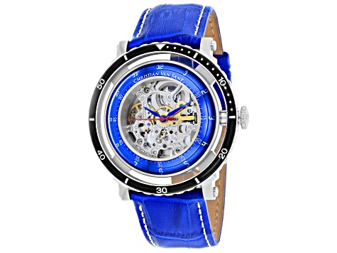 Christian Van Sant Men's Dome White Skeleton Dial, Black Bezel, Blue Leather Strap Watch