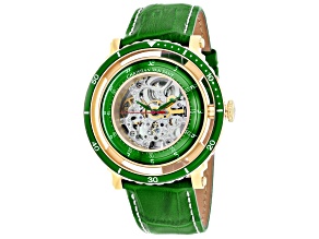 Christian Van Sant Men's Dome White Skeleton Dial, Green Bezel, Green Leather Strap Watch