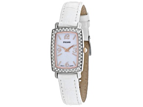Pulsar Women's Classic Mother-Of-Pearl Dial with Crystal Accents White Leather Strap Watch