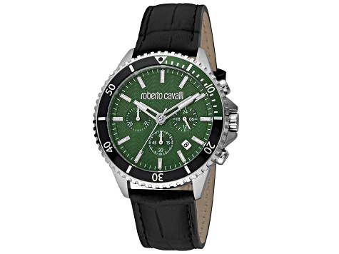 Roberto Cavalli Men's Classic Green Dial, Black Leather Strap Watch