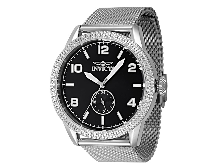 Invicta Vintage 44mm Black Dial Stainless Steel Mesh Band Quartz