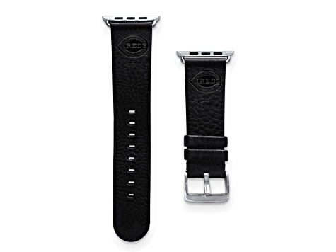 Gametime MLB Cincinnati Reds Black Leather Apple Watch Band (42/44mm M/L). Watch not included.