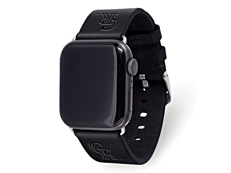 Gametime MLB Colorado Rockies Black Leather Apple Watch Band (42/44mm M/L). Watch not included.