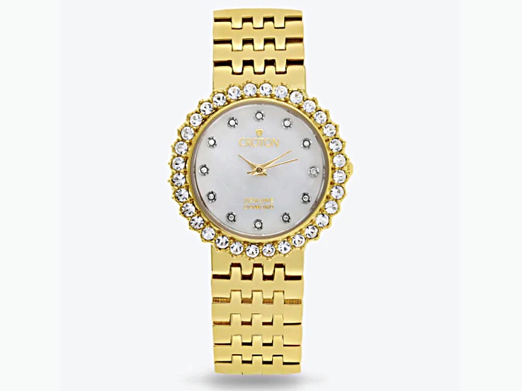 Croton Gold Tone Round Mother Of Pearl Dial Watch with Diamond Markers