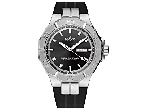 Edox Men Delfin The Original 43mm Automatic Watch with Black Rubber Strap, Black Dial