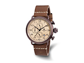 Charles Hubert Men's Brown IP-plated Leather Band 46mm Dual Time Watch
