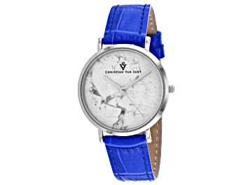 Picture of Christian Van Sant Women's Lotus White Dial, Blue Leather Strap Watch