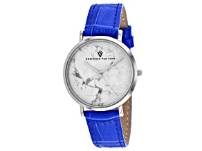 Christian Van Sant Women's Lotus White Dial, Blue Leather Strap Watch