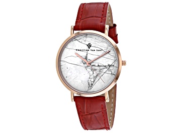 Picture of Christian Van Sant Women's Lotus White Dial, Red Leather Strap Watch