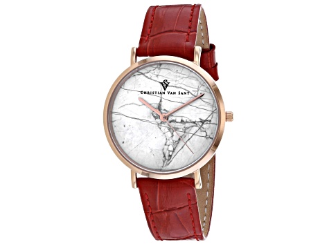 Christian Van Sant Women's Lotus White Dial, Red Leather Strap Watch