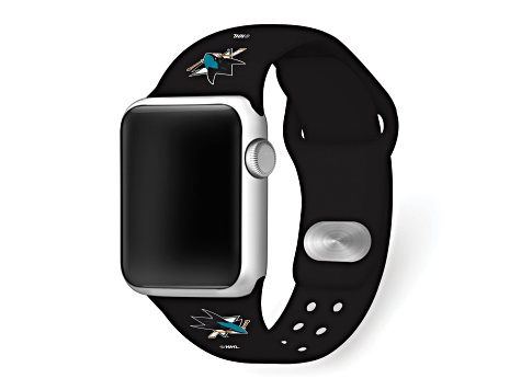 Gametime NHL San Jose Sharks Black Silicone Apple Watch Band (42/44mm M/L). Watch not included.