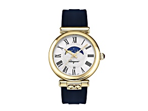 Ferragamo Ora Moonphase Watch 40MM Yellow Case White Sunray Dial Silicone Strap