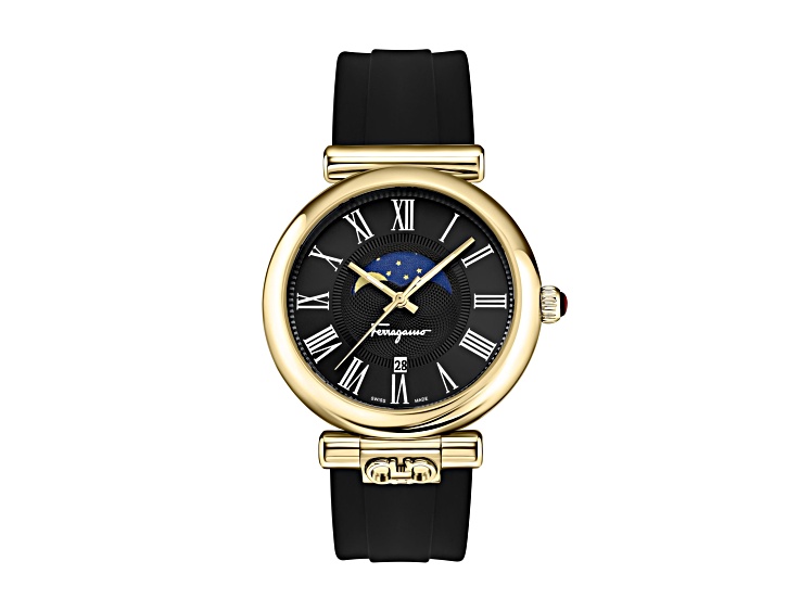 Ferragamo Ora Moonphase Watch 40MM Yellow Case Black Sunray