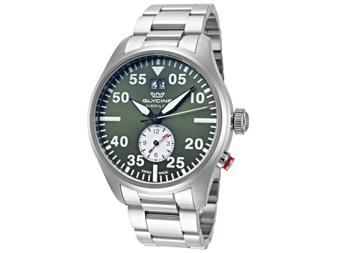 Glycine Men's Airpilot Dual Time 44 44mm Quartz Green Dial Stainless Steel Watch