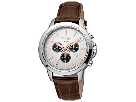 Ferre Milano Men's Fashion 44mm Quartz Gray Dial Brown Leather Strap Watch