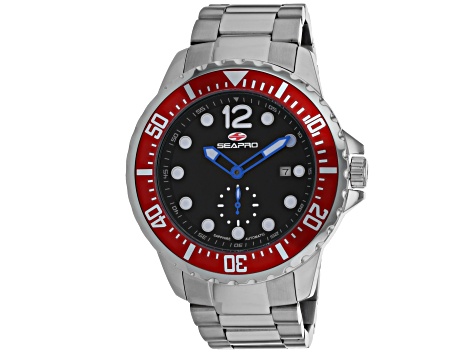 Seapro Men's Colossal Black Dial, Red Bezel, Stainless Steel Watch