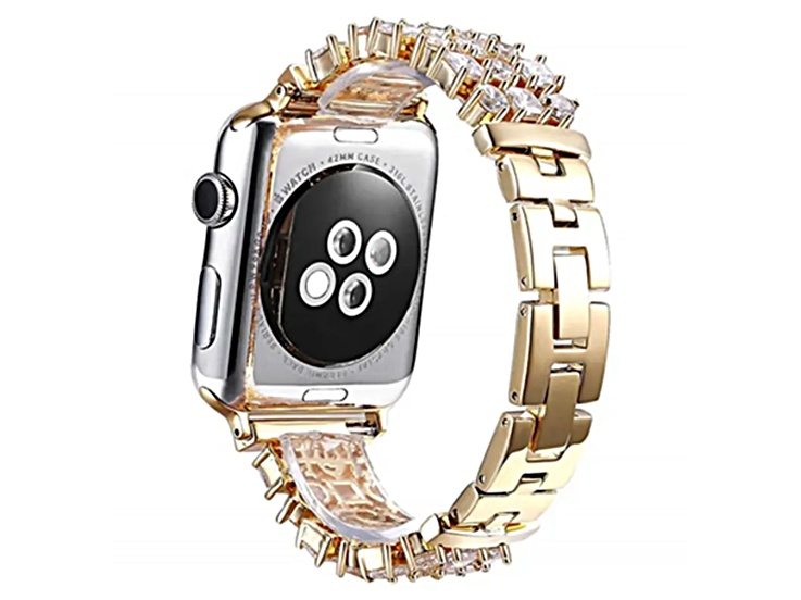 White Crystal Detail Yellow Stainless Steel Apple Watch Band (38/40mm). Watch Not Included.