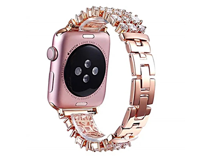 White Crystal Detail Rose Stainless Steel Apple Watch Band (38/40mm). Watch Not Included.