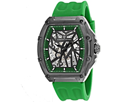 Christian Van Sant Men's Odyssey Black and White Dial, Black Bezel, Green Rubber Strap Watch