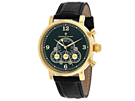 Christian Van Sant Men's Dominion Green Dial, Black Leather Strap Watch