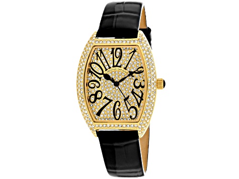 Christian Van Sant Women's Elegant Yellow Dial, Black Leather Strap Watch