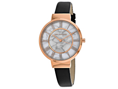 Ted Lapidus Women's Classic Marble Design Dial with Rose Accents, Black Leather Strap Watch