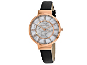 Ted Lapidus Women's Classic Marble Design Dial with Rose Accents, Black Leather Strap Watch