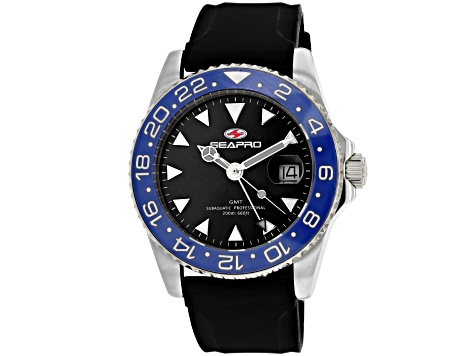 Seapro Men's Agent GMT Black Dial, Blue Bezel, Black Rubber Strap Watch