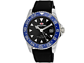 Seapro Men's Agent GMT Black Dial, Blue Bezel, Black Rubber Strap Watch