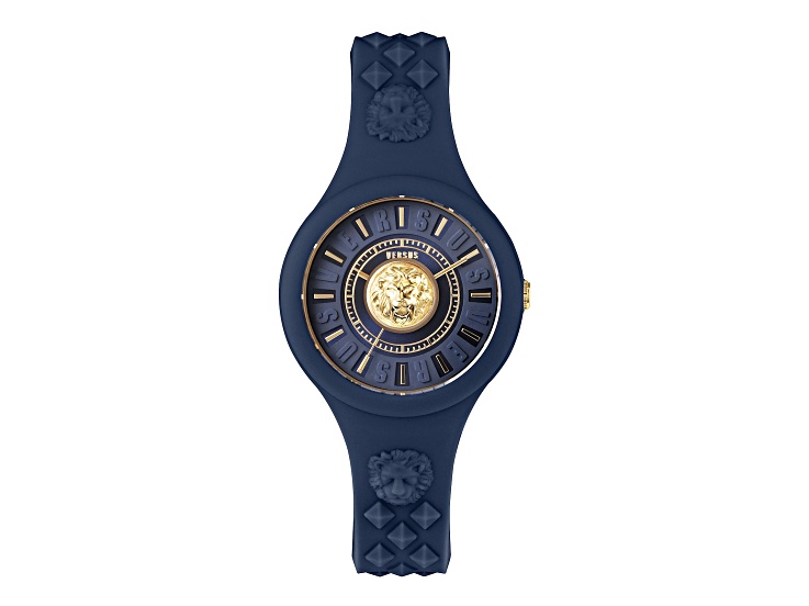 Versus Versace Fire Island Watch 39mm Blue with Gold Tone details Enamel Dial Silicone Strap