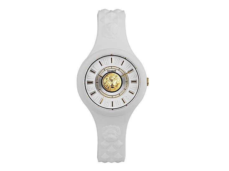 Versus Versace Fire Island Watch 39mm White with Gold Tone details Enamel Dial Silicone Strap
