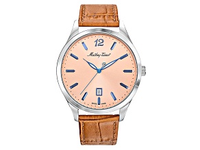 Mathey Tissot Men's Urban Metal Orange Dial with Blue Accents Tan Leather Strap Watch