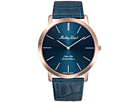 Mathey Tissot Men's Cyrus Rose Bezel Blue Leather Strap Watch