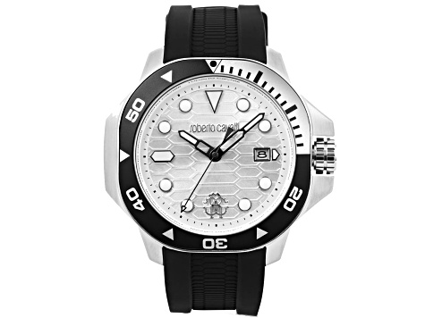 Roberto Cavalli Men's Classic White Dial, Black Rubber Strap Watch