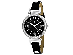Christian Van Sant Women's Petite Black Dial, Black Leather Strap Watch