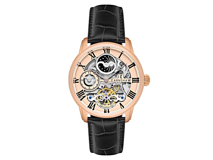 Thomas Earnshaw Longitude Automatic Rose Dial Black Stainless Steel Band Skeleton Watch